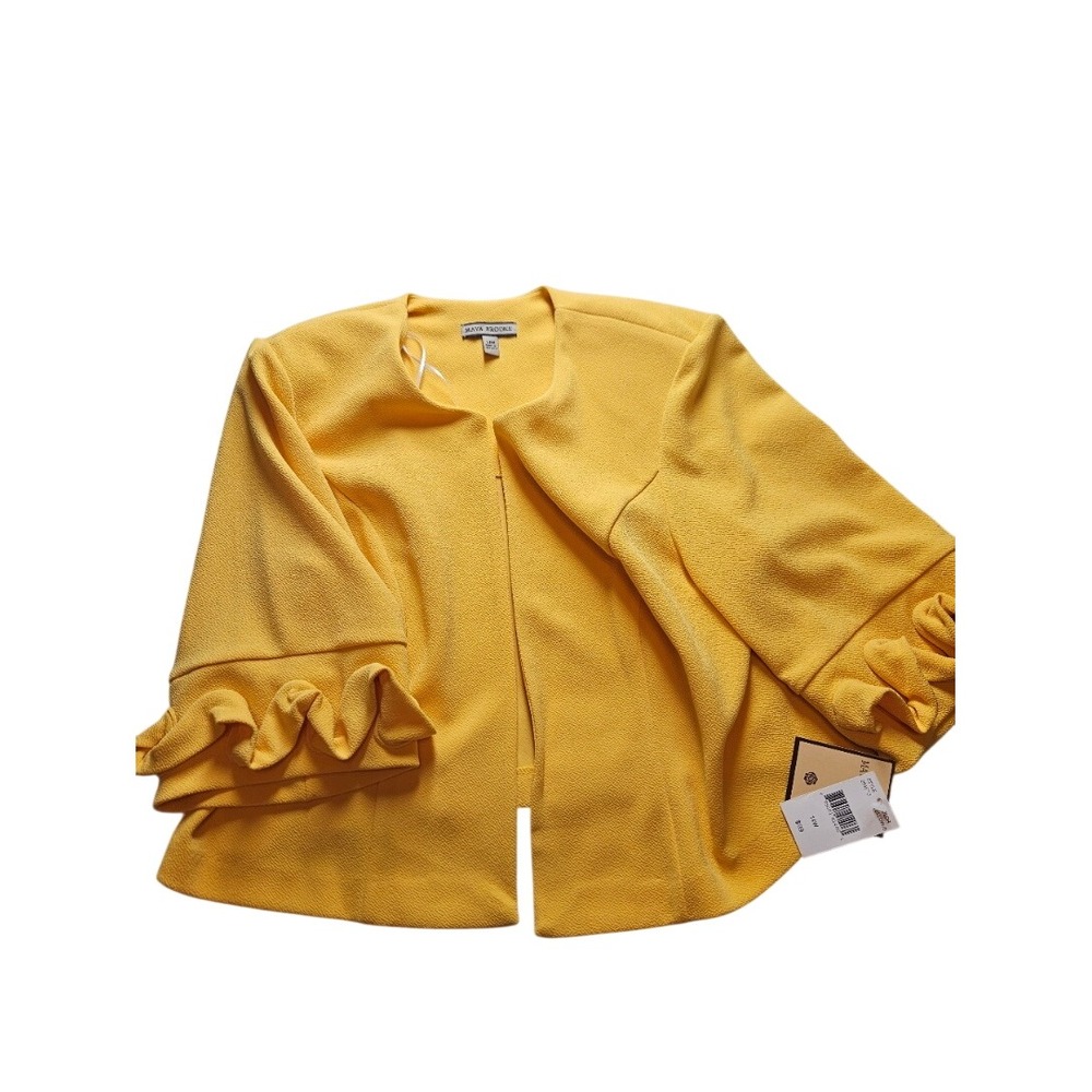 Maya Brooke Yellow Ruffle Sleeve Open Front Textured Jacket Womens 14W NWT
